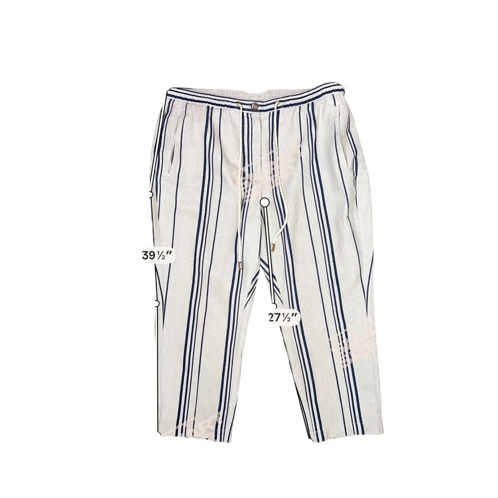 Soft Surroundings‎ Striped Linen Blend Pants Womens 1X Beige Navy Blue Coastal